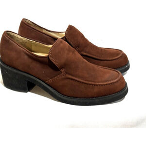 Apostrophe Brown 2” chunky heel Brown Suede Loafers Women’s Sz 6.5 career grunge